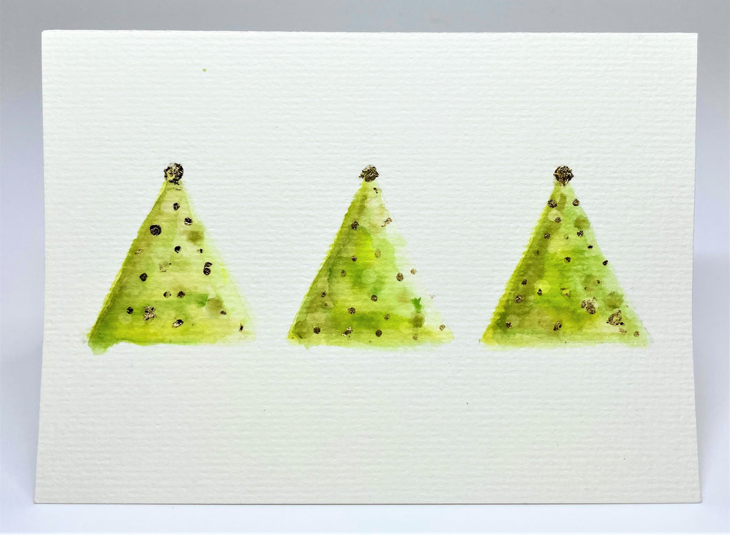 Abstract Green and Gold Leaf Trees - Hand Painted Christmas Card