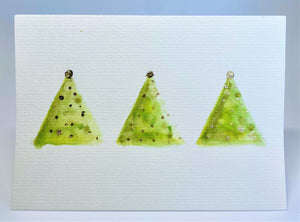 Abstract Green and Gold Leaf Trees - Hand Painted Christmas Card