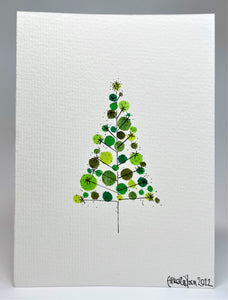 Retro Green Circles and Starburst Tree - Hand Painted Christmas Card