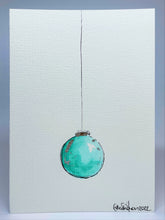 Small Teal and Silver Leaf Bauble - Hand Painted Christmas Card