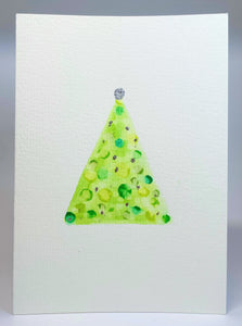 Abstract Green and Silver Leaf Tree - Hand Painted Christmas Card