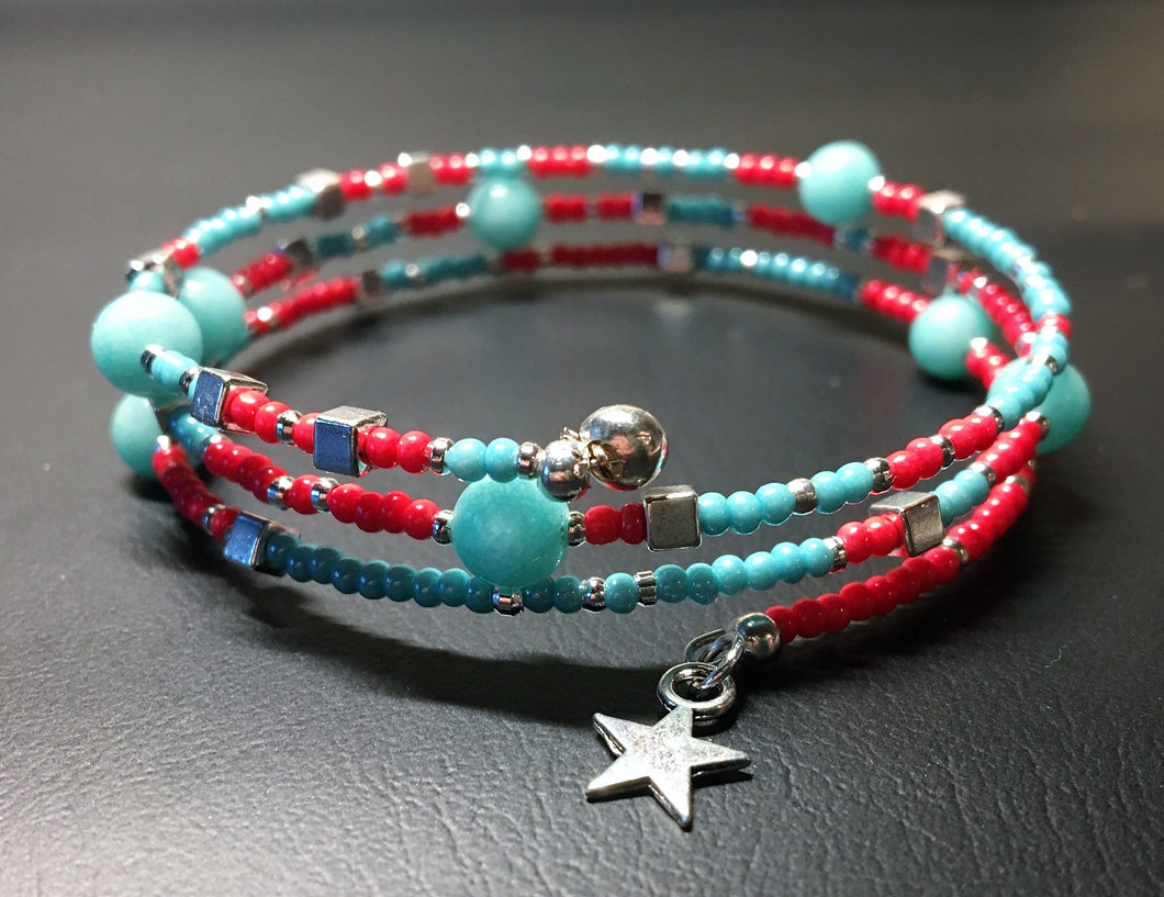 Beaded memory wire bracelet - Coral, turquoise and silver beads with star pendant - eDgE dEsiGn London