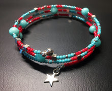 Beaded memory wire bracelet - Coral, turquoise and silver beads with star pendant - eDgE dEsiGn London