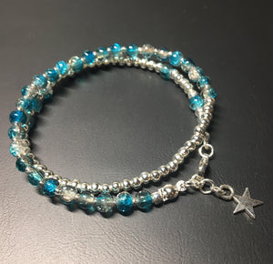 Beaded bracelet - double wrap - silver with turquoise/brown crackle glass beads - eDgE dEsiGn London
