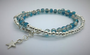 Beaded bracelet - double wrap - silver with turquoise/brown crackle glass beads - eDgE dEsiGn London