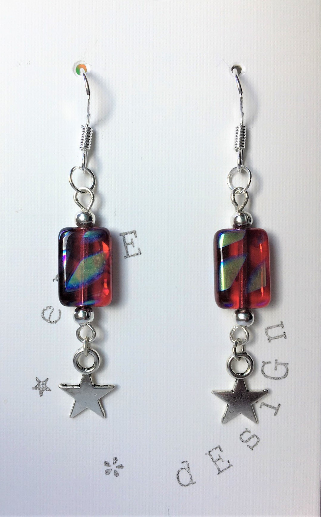 Silver drop earrings - Red Murano Glass with Silver Star - eDgE dEsiGn London