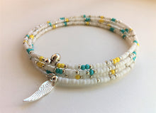 Beaded memory wire bracelet - white, turquoise, yellow and silver beads with angel wing pendant - eDgE dEsiGn London