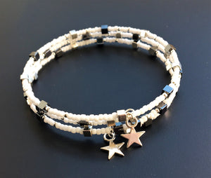 Beaded memory wire bracelet - White, silver and Hematite beads and cubes with star pendants - eDgE dEsiGn London