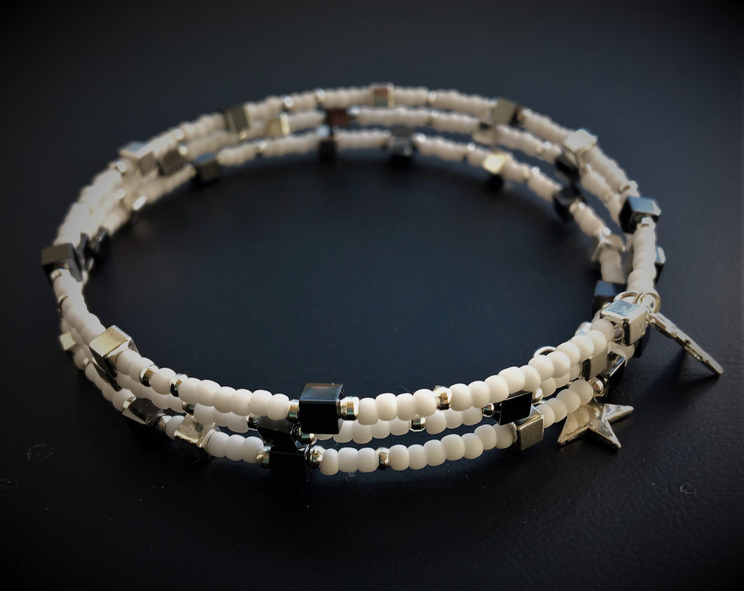 Beaded memory wire bracelet - White, silver and Hematite beads and cubes with star pendants - eDgE dEsiGn London