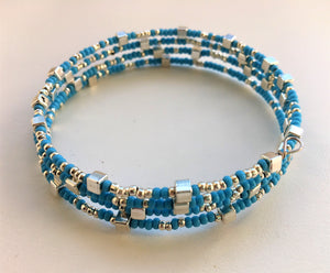 Beaded memory wire bracelet - Turquoise and silver with cube detail - eDgE dEsiGn London