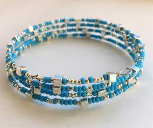 Beaded memory wire bracelet - Turquoise and silver with cube detail ...