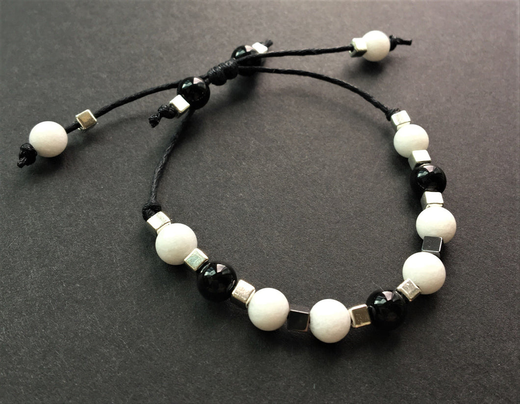 Beaded black cord bracelet - Hematite, White Jade, Onyx and Silver - eDgE dEsiGn London