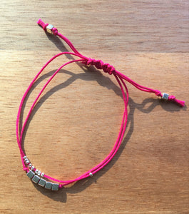 Bright Pink Double Strand Bracelet - Silver cube and seed beads - eDgE dEsiGn London