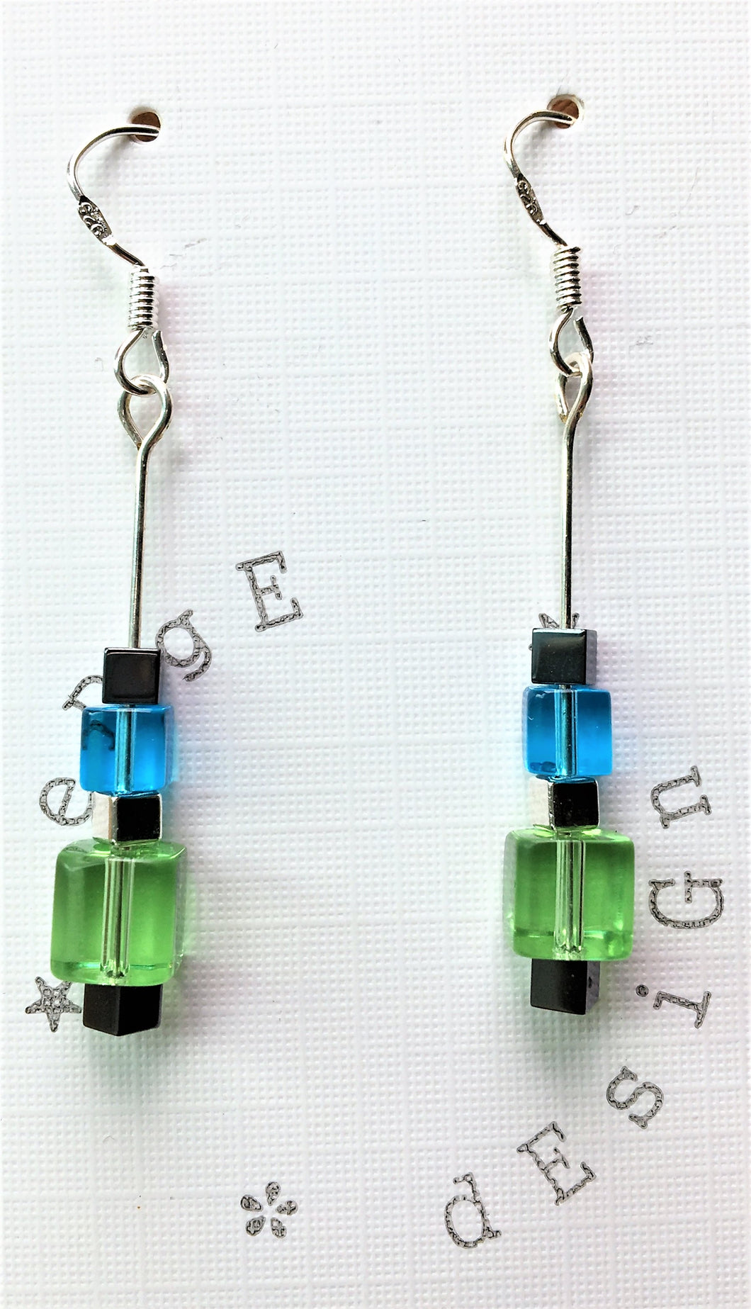 Sterling silver earrings - Green, Blue, Black Glass and Silver Cube beads - eDgE dEsiGn London