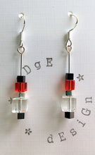 Sterling silver earrings - Red, Black Clear Glass and Silver Cube beads - eDgE dEsiGn London