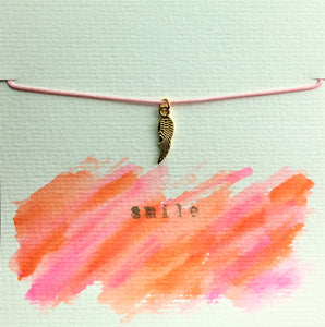 Pink cord bracelet with gold angel wing charm/pendant - Colour and Charm collection - eDgE dEsiGn London