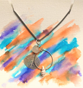 Sterling silver necklace - Filigree Leaf, Quartz and Shell - Colour and Charm Collection - eDgE dEsiGn London