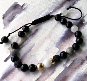 Black cord bracelet - Onyx, Obsidian, Volcanic, Jade and Gold beads - Colour and Charm Collection - eDgE dEsiGn London