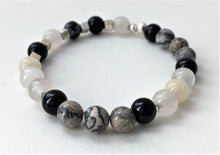 Beaded bracelet - Onyx, White Jade, Obsidian and silver cube beads - eDgE dEsiGn London