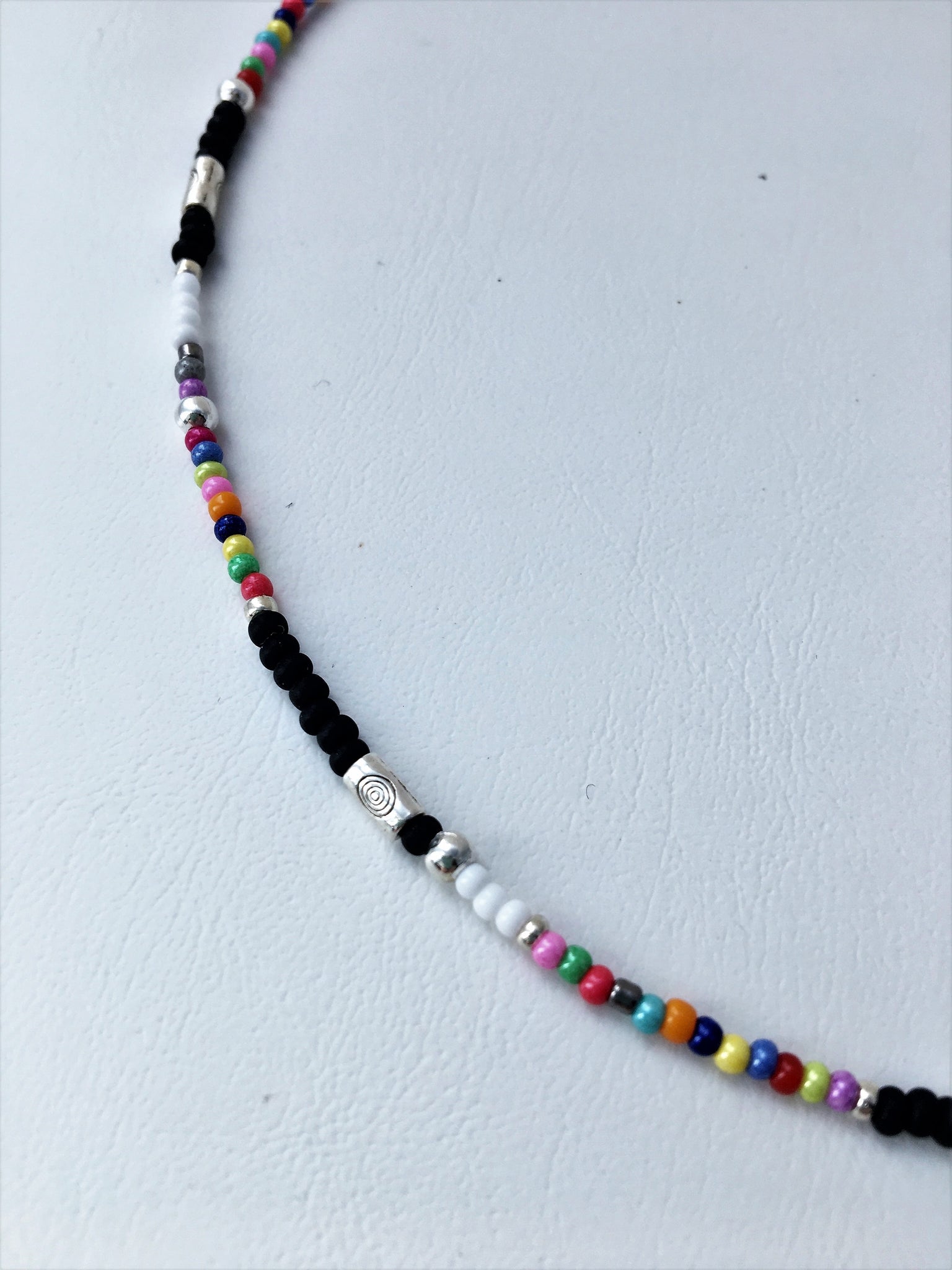 Beaded Choker necklace - multicoloured seed beads and silver tubes ...