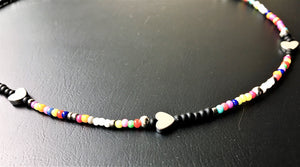 Beaded Choker necklace - multicoloured seed beads and hematite hearts - eDgE dEsiGn London