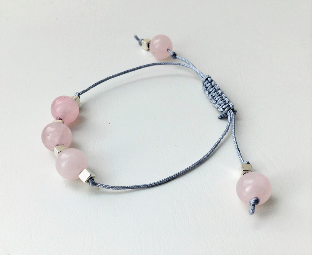 Adjustable sliding knot bracelet - Silver Grey Cord with Rose Quartz and Silver Cube beads - eDgE dEsiGn London