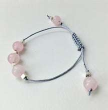 Adjustable sliding knot bracelet - Silver Grey Cord with Rose Quartz and Silver Cube beads - eDgE dEsiGn London