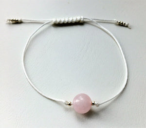 Beaded white cord bracelet - Rose Quartz and silver plated seed beads - eDgE dEsiGn London