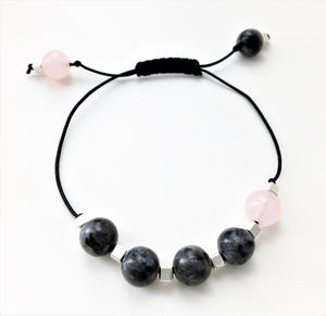 Beaded black cord bracelet - Rose Quartz, Larkavite and Silver Cube beads - eDgE dEsiGn London