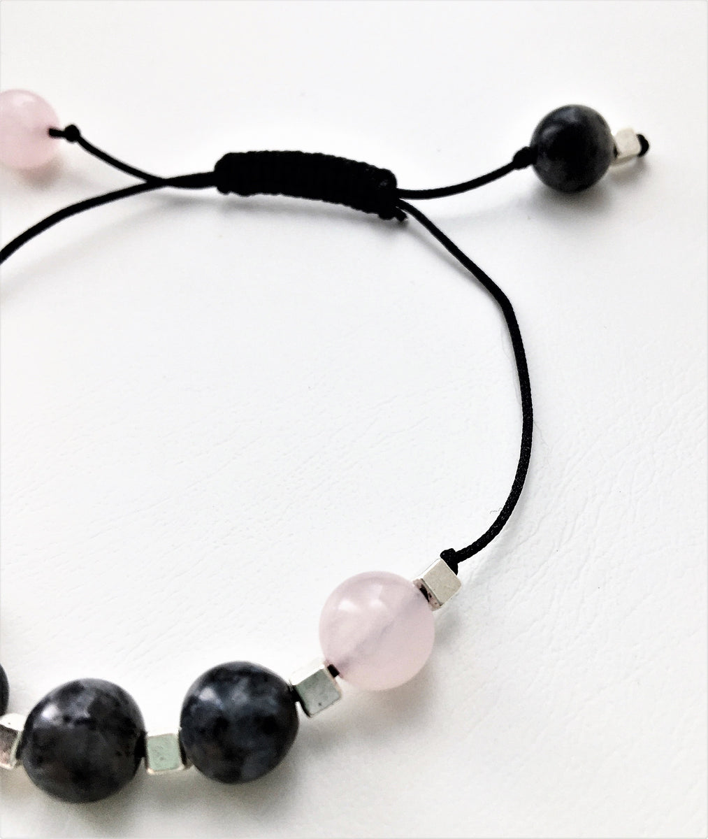 Beaded black cord bracelet - Rose Quartz, Larkavite and Silver Cube ...