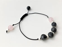Beaded black cord bracelet - Rose Quartz, Larkavite and Silver Cube beads - eDgE dEsiGn London