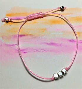 Sliding knot bracelet - Pink with silver cube beads - eDgE dEsiGn London