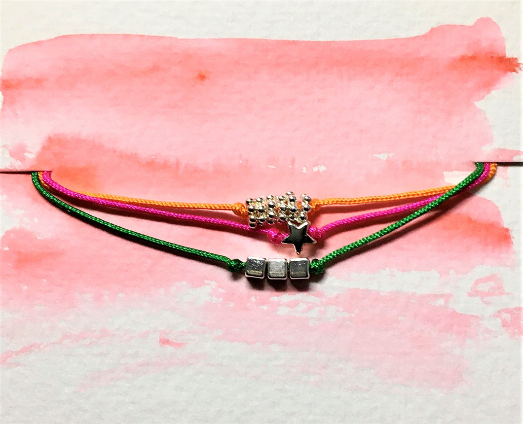 Triple strand sliding knot bracelet - Orange, Green and Cerise with silver beads - eDgE dEsiGn London