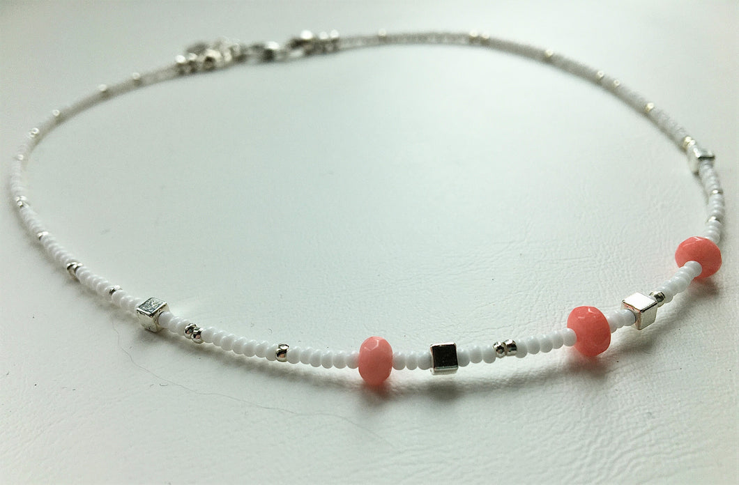 Beaded choker necklace - white and silver seed beads, silver cubes and coral beads - eDgE dEsiGn London