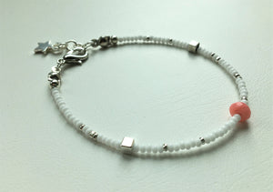 Beaded bracelet - white and silver seed beads, silver cubes and coral beads - eDgE dEsiGn London
