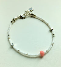 Beaded bracelet - white and silver seed beads, silver cubes and coral beads - eDgE dEsiGn London