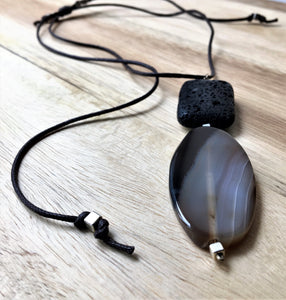 Beaded cord necklace - Brown Agate and Volcanic Lava Bead - eDgE dEsiGn London