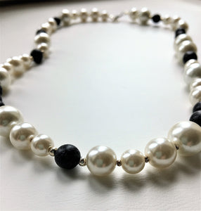 Beaded necklace - Black Volcanic Beads and Pearls with silver spacer beads - eDgE dEsiGn London
