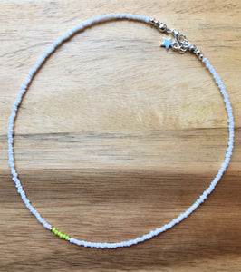 Beaded choker necklace - white, lime green and silver seed beads - eDgE dEsiGn London