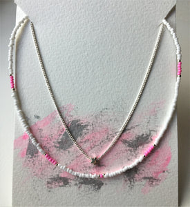 Double strand choker necklace - White, pink, silver beads, chain and star - eDgE dEsiGn London