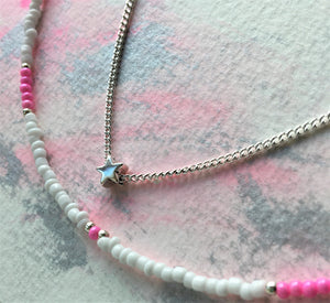 Double strand choker necklace - White, pink, silver beads, chain and star - eDgE dEsiGn London