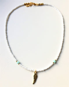 Beaded choker necklace - white, gold, pale Jade beads and Angel Wing pendant - eDgE dEsiGn London