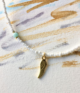 Beaded choker necklace - white, gold, pale Jade beads and Angel Wing pendant - eDgE dEsiGn London