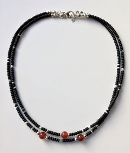 Double strand beaded choker necklace - Black, silver and Carnelian beads - eDgE dEsiGn London