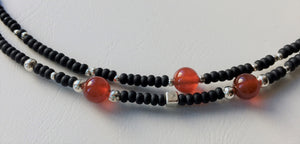 Double strand beaded choker necklace - Black, silver and Carnelian beads - eDgE dEsiGn London