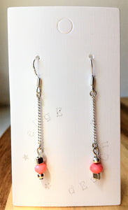 Silver Dangle Earrings - link chain with silver and Coral beads - eDgE dEsiGn London