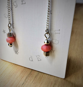 Silver Dangle Earrings - link chain with silver and Coral beads - eDgE dEsiGn London
