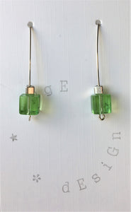 Sterling silver wire drop earrings - Green and silver cube beads - eDgE dEsiGn London