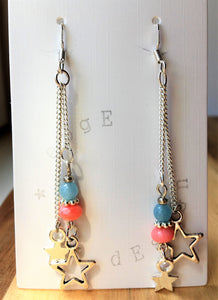 Silver dangle drop earrings - two link chains with Coral, Jade and Stars - eDgE dEsiGn London