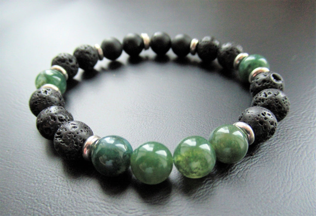 Gemstone Beaded Bracelet - Green Agate, Matt Black Onyx and Volcanic Beads - eDgE dEsiGn London